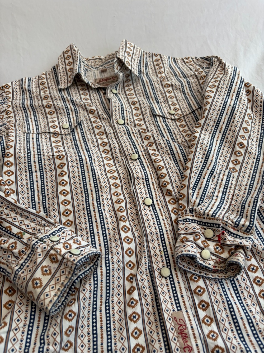 Rafter C Kids Button-Down Shir — Cream & Brown Aztec Striped Size L